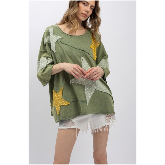 Bluevelvet Olive Green Raw Detail Star Patch Loose Fit Short Sleeve Top - Picture 8 of 10